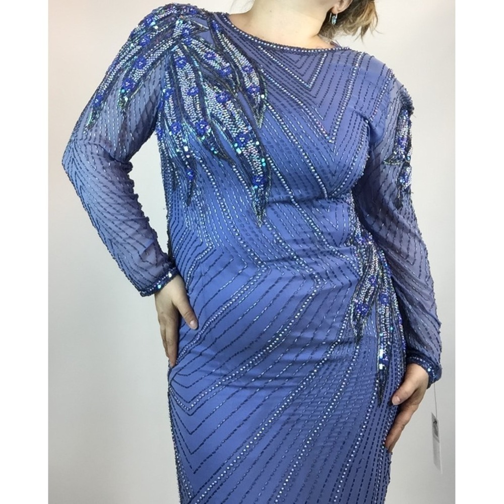 Vintage 80s Beaded Blue Sequin Dress Art Deco Cocktail Party Gown L XL
